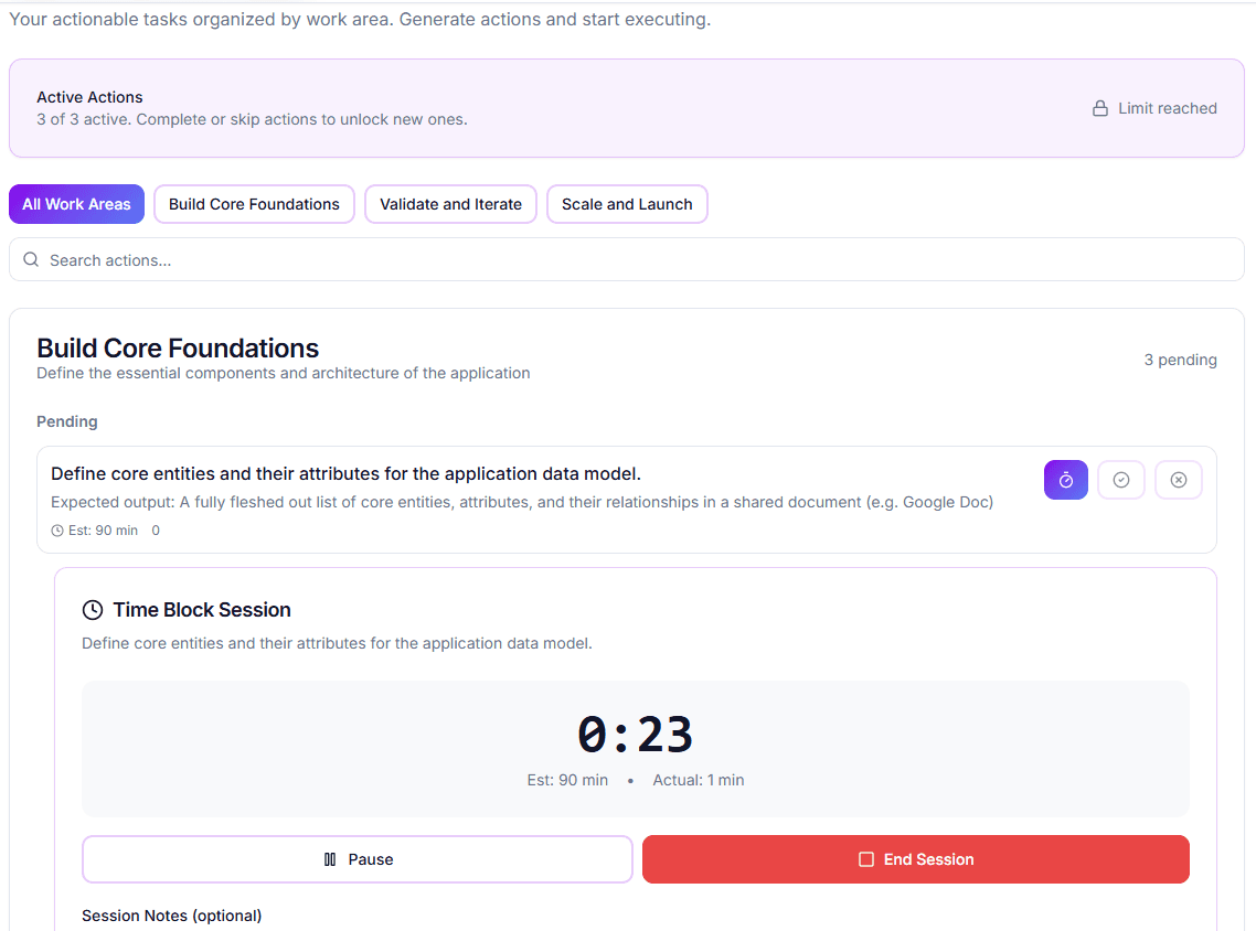 SoloCanva Actions view showing task management and time tracking